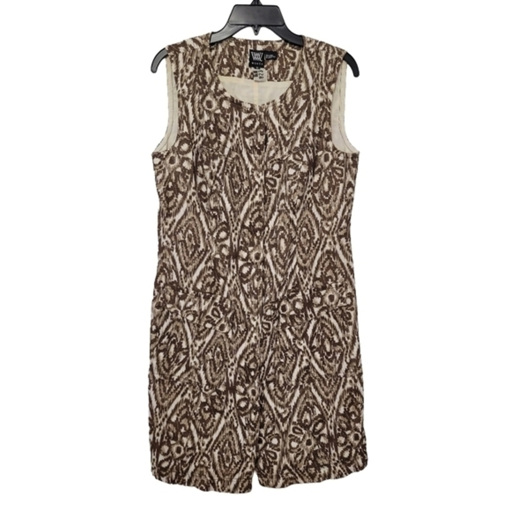 Worth 100%‎ Linen Shift Dress Size 12 Brown White Ikat Button Down Office Summer